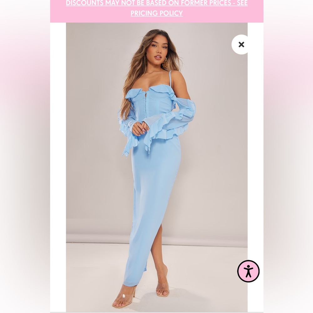PrettyLittleThing off shoulder dusty blue maxi dress